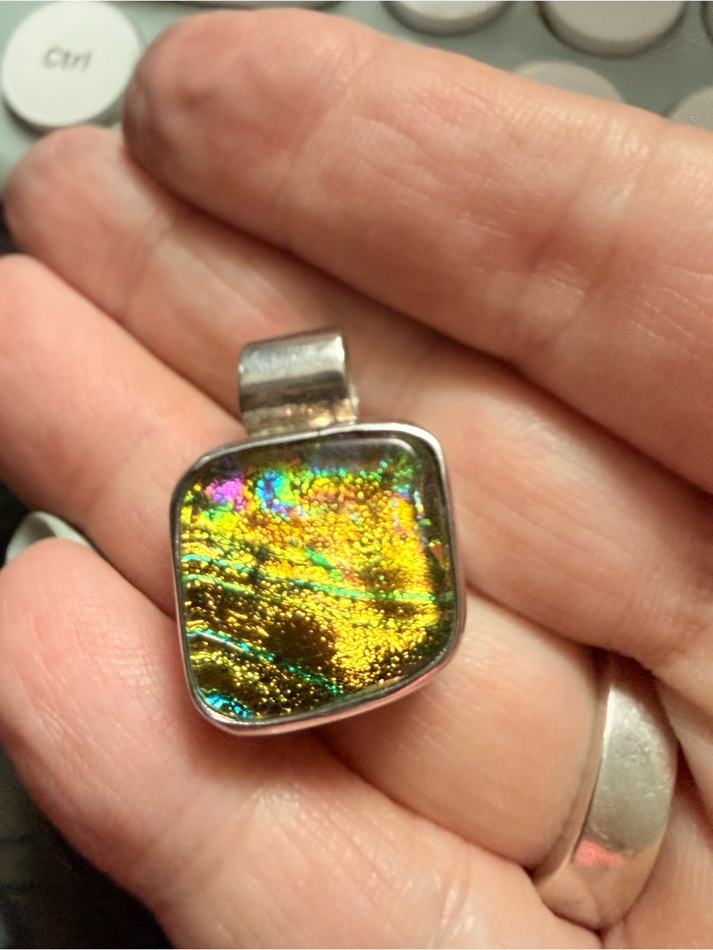 Handmade Dichroic Glass Pendant | Likely Sterling Silver | Iridescent Artisan